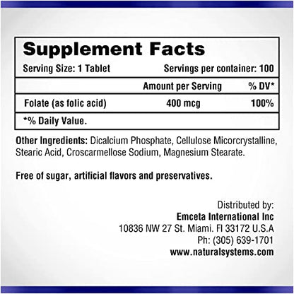 Folic Acid Supplement 100 Tablets 400 mcg by Natural Systems - Prenatal Vitamin for Women Perfect