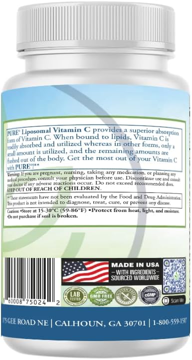 PURE® Liposomal Vitamin C 2100mg - 180 Capsules, 60 Servings - High Absorption Immune Support Supplement with Sunflower Lecithin - Bioavailable Antioxidant for Collagen & Skin - Made in USA