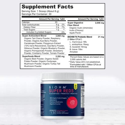 BIOHM Super Reds and Greens Bundle, Superfood Powder with Probiotics and Digestive Enzymes, Packed with Antioxidants and Polyphenols, Allergen Free, Non-GMO, Vegan - 30 Servings Each