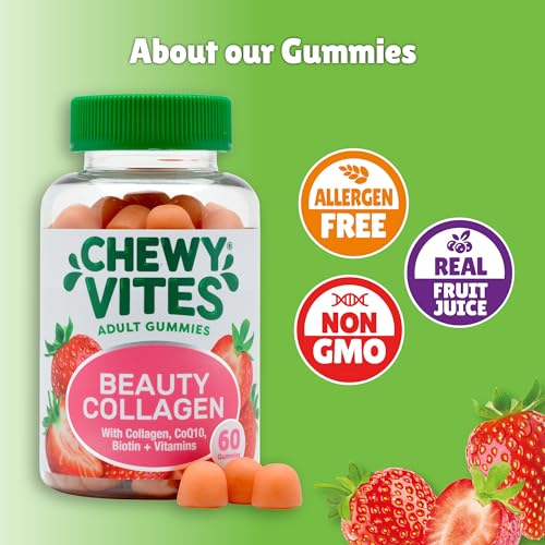 Chewy Vites Beauty Collagen 60 Gummy Vitamins |Hydrolised Collagen, CoQ10, Biotin + Vitamins | 1 Month Supply | Real Fruit Juice | Berry Flavour | 2-a-Day |