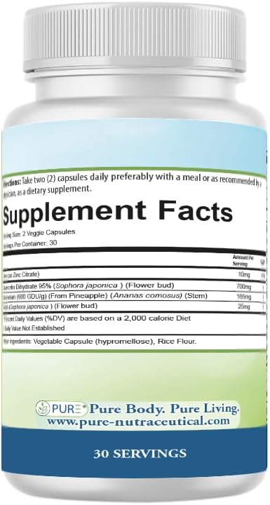 PURE® Quercetin+ with Zinc, Bromelain, Rutin Immune Shield - 60 Capsules - High Bioavailability Antioxidant Complex for Respiratory Health & Viral Defense - Made in USA