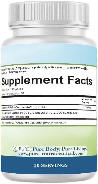 PURE® Berberine Supplement, 1200mg, Metabolic, Glucose, Cardio, 60 Capsules, 30 Servings, 1-Month Supply, Plant-Based Dietary Supplement