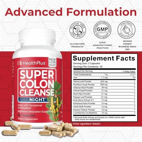 Health Plus Super Colon Cleanse Night Formula Sleep Capsules, 60 Count | Capsules with senna and valerian root, 30 servings; may support occasional constipation relief and restful sleep