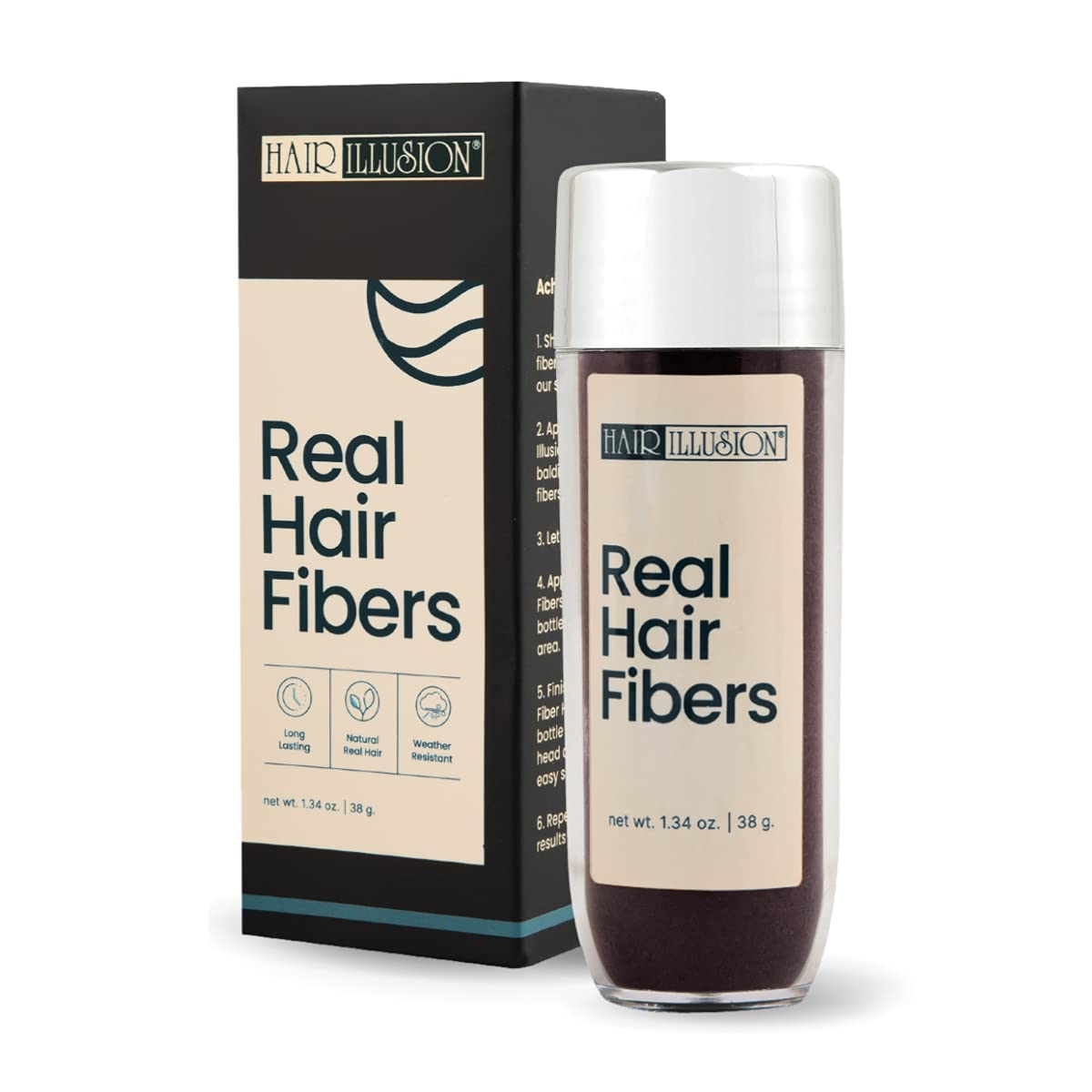 Hair Illusion 100% Natural Human Hair Fibers Not Synthetic for Men and Women, Premium Hair Building Formulation, Large, 38 g Bottle, Jet Black