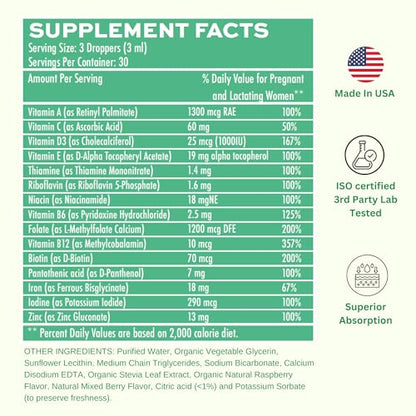 Prenatal + Postnatal liposomal Liquid Drops with Iron | 30 Day Supply | 3 FL Oz | Non-GMO
