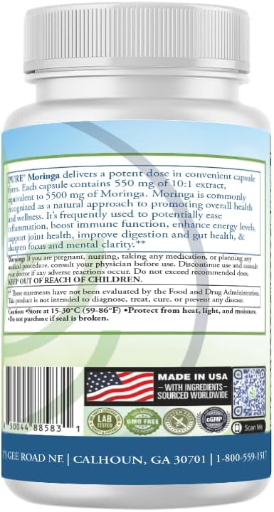 PURE® Moringa Extract 550 mg - 90 Vegetable Capsules - 10:1 Organic Leaf Extract - Nutrient Dense Superfood for Energy, Beauty, & Digestion - Non-GMO, Vegan, Made in USA