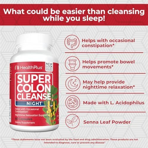 Health Plus Super Colon Cleanse Night Formula Sleep Capsules, 60 Count | Capsules with senna and valerian root, 30 servings; may support occasional constipation relief and restful sleep