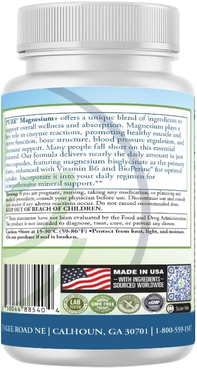 PURE® Magnesium+ High Absorption Supplement - 220mg Elemental Magnesium Bisglycinate Complex - 60 Capsules, 30 Servings - Vitamin B6 & BioPerine® for Maximum Uptake - Muscle, Sleep & Nerve Support