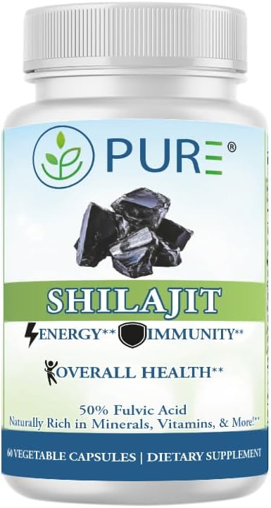 PURE® Shilajit 600mg - 60 Capsules - 50% Fulvic Acid Standardized Extract - Himalayan Wildcrafted Trace Minerals for ATP Energy & Mitochondrial Health - Made in USA