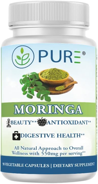 PURE® Moringa Extract 550 mg - 90 Vegetable Capsules - 10:1 Organic Leaf Extract - Nutrient Dense Superfood for Energy, Beauty, & Digestion - Non-GMO, Vegan, Made in USA
