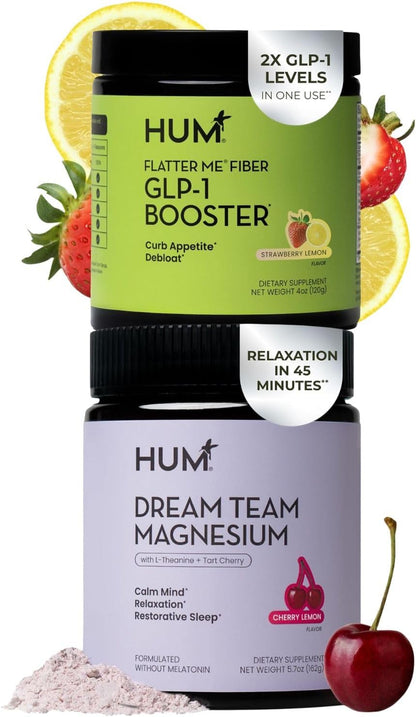 HUM Nutrition Flatter Me Fiber + Dream Team Magnesium Powder Bundle – Digestive Support Fiber & Magnesium Bisglycinate Drink Mix with L-Theanine & Tart Cherry, Cherry Lemon, 2-Product Wellness Routine