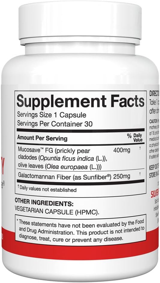 Silver Fern Regularity Digestive Supplement Capsules Brand | 1 Bottle = 30 Capsules = 30 Day Supply - Mucosave FG (Prickly Pear Polysaccharides & Olive Leaf Polyphenols) & SunFiber