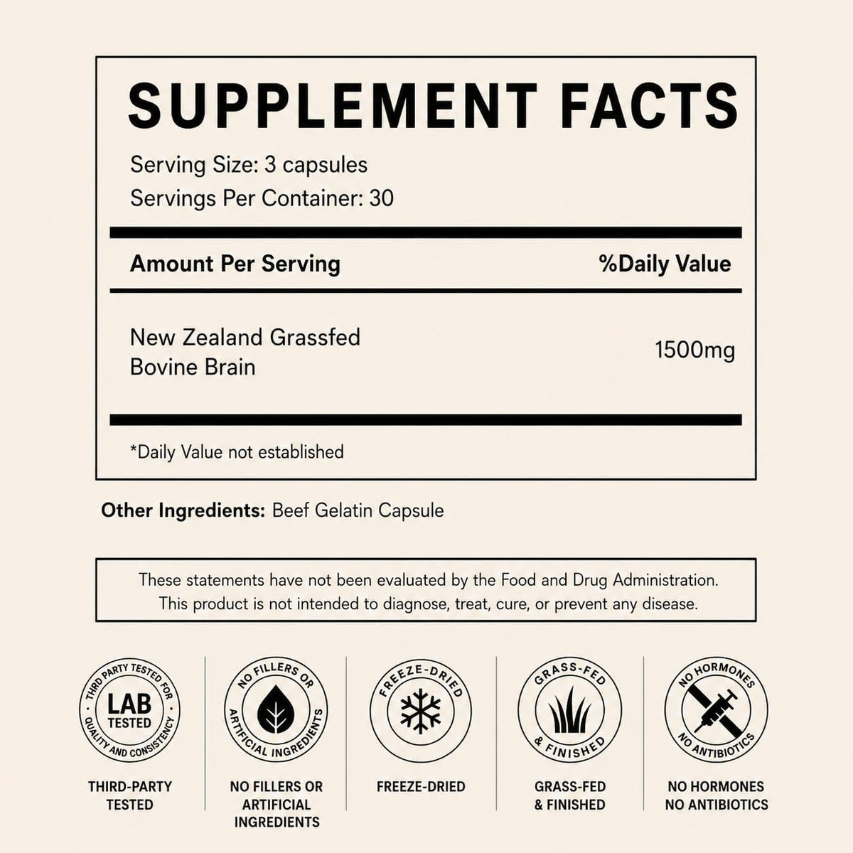 Primal Being Grassfed Beef Brain, Supports Memory, Mood, Focus, Energy, Cognitive Health - 90 Capsules, 1500mg per Serving