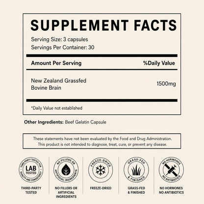 Primal Being Grassfed Beef Brain, Supports Memory, Mood, Focus, Energy, Cognitive Health - 90 Capsules, 1500mg per Serving