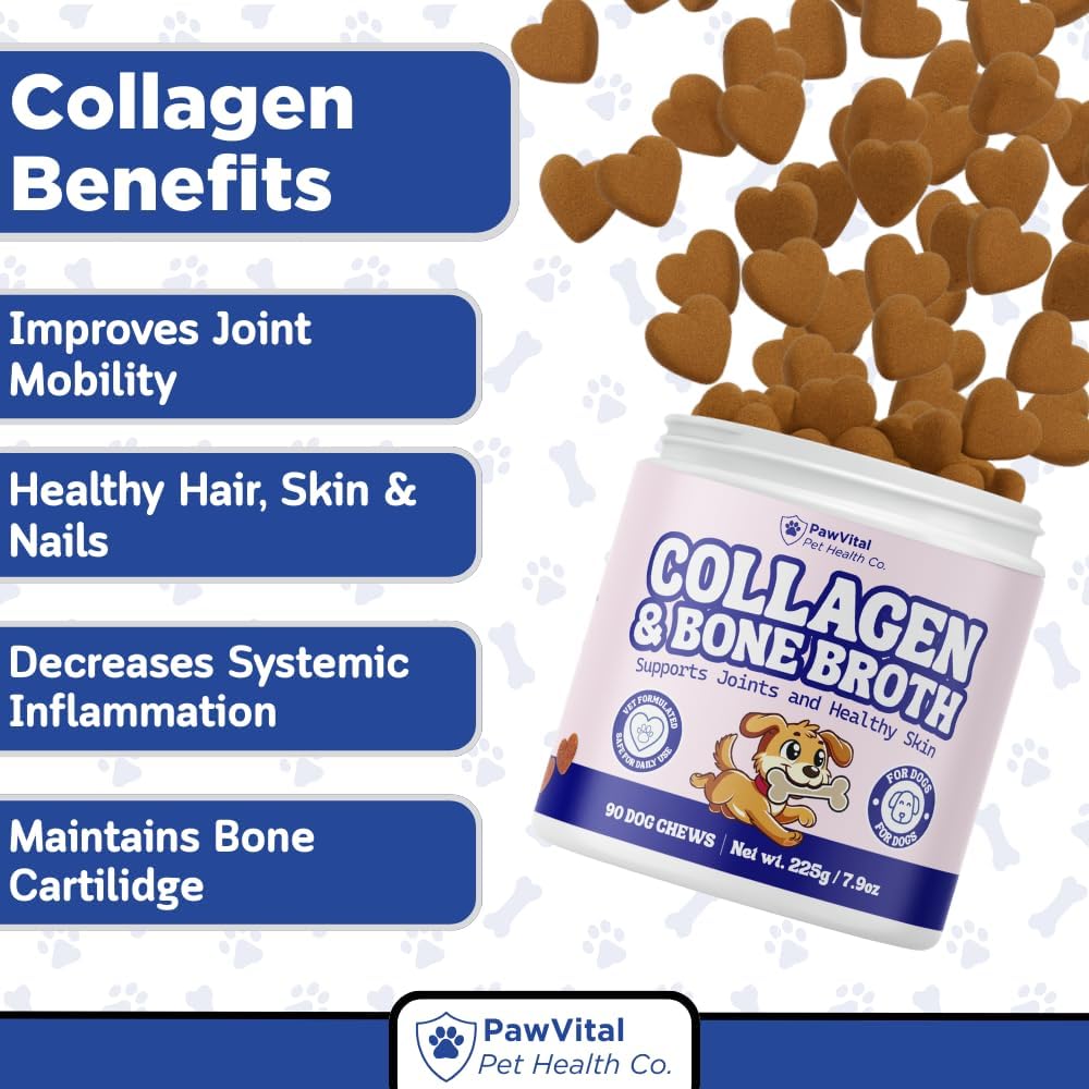 Collagen & Bone Broth for Dogs – Hip + Joint Support, Gut Health for Hair, Skin & Nails – with Glucosamine, MSM, Chondroitin, Turmeric – Natural Treats Made with Real Chicken & Beef