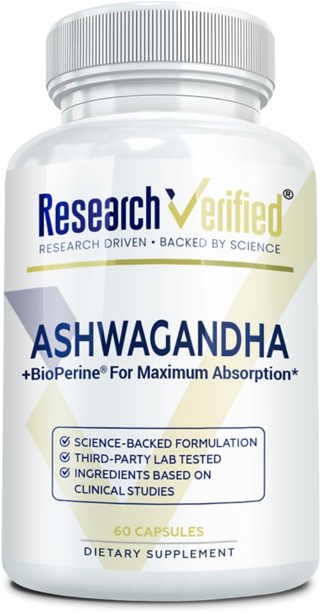 Research Verified Ashwagandha Supplement 1500mg Maximum Strength with Bioperine and Ginger Root, Enhance Cognitive Function - 60 Vegan Capsules (1 Bottle)