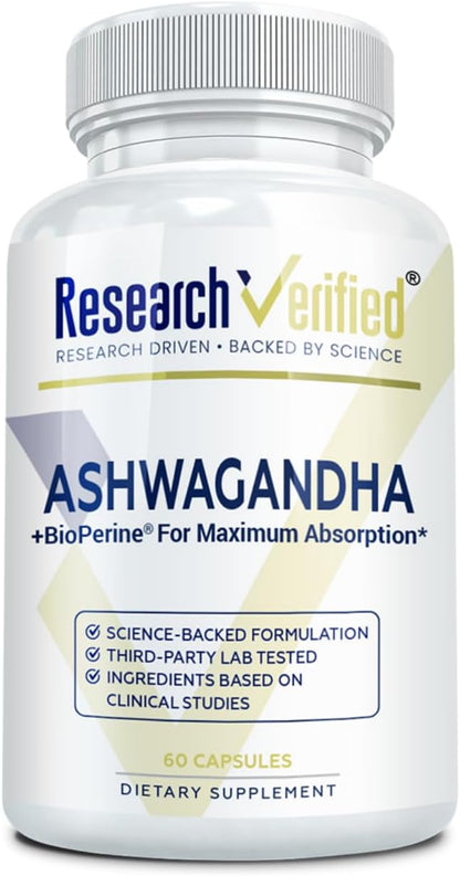 Research Verified Ashwagandha Supplement 1500mg Maximum Strength with Bioperine and Ginger Root, Enhance Cognitive Function - 60 Vegan Capsules (1 Bottle)