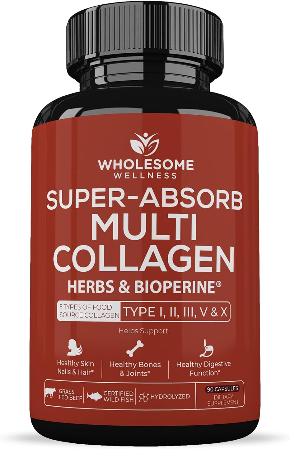 Wholesome Wellness Digestive Enzymes 1000MG Plus Prebiotics & Probiotics Supplement + Super-Absorb Multi Collagen Pills (Type I II III V X) Organic Herbs and Bioperine Bundle