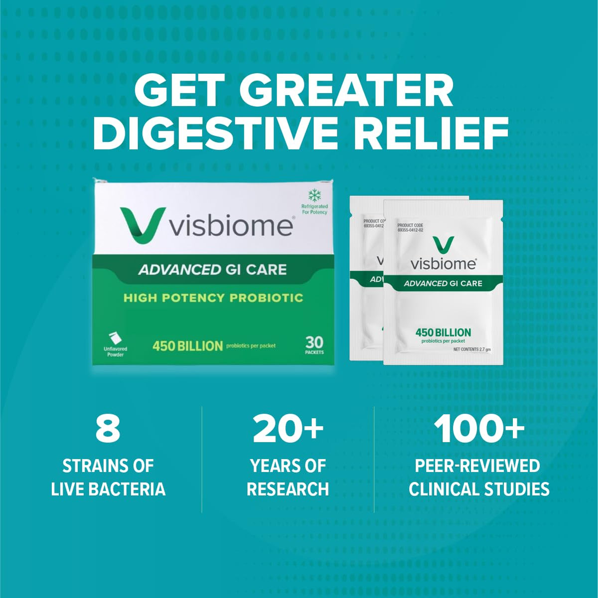 Visbiome® Advanced GI Care High Potency Probiotic, 450B CFU, 30 Packets | Original De Simone Formulation®, Multi-Strain, Refrigerated Probiotics, Low FODMAP Certified, Gluten-Free, Made in USA