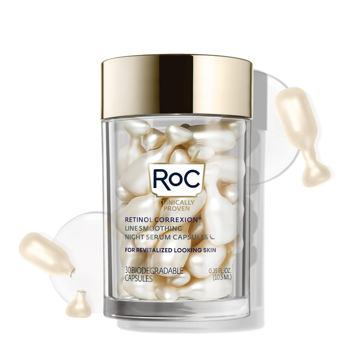 RoC Retinol Correxion Anti-Aging Wrinkle Night Serum, Retinol Serum for Face, Daily Treatment for Fine Lines, Post Acne Scars, 30 Capsules, Unscented, 0.35 Fl Oz