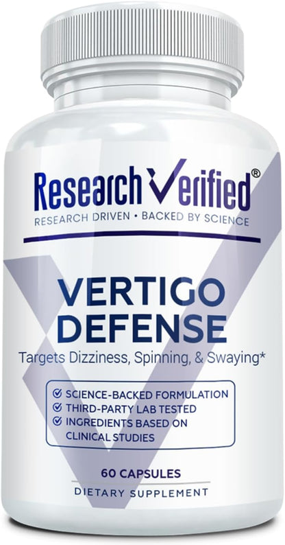 Research Verified Vertigo Defense - Soothe Symptoms and Support Inner Ear Balance - Vitamin D3, Ginger, Ginkgo Biloba, BioPerine - 60 Capsules
