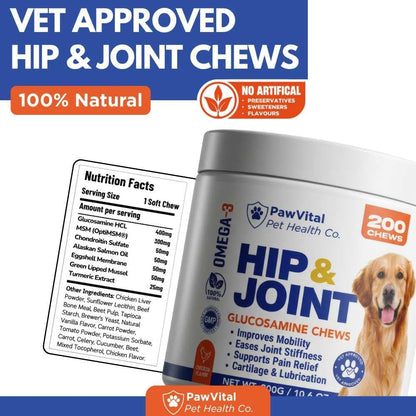 Hip and Joint Supplement for Dogs – Glucosamine Chondroitin MSM Chews for Dogs with Eggshell Membrane & Omega-3 – Joint Pain Relief & Mobility Support for Senior Dogs – 200 Chicken Flavored Soft Chews