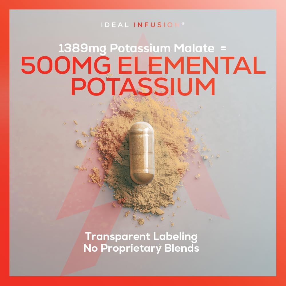 High Potency Potassium Malate 1300mg – Potassium Supplement for Electrolyte Balance, Heart, Muscle & Nerve Function – Elemental Potassium 500mg – Vegan – 240 Capsules