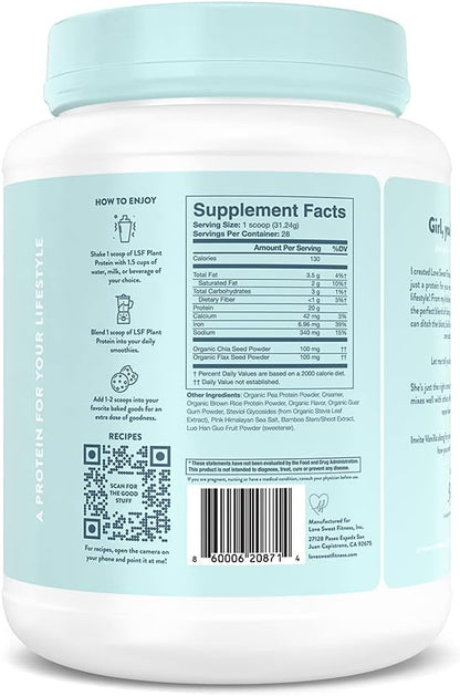 Love Sweat Fitness Organic Vegan Protein Powder for Women | 20g Plant Protein | No Bloat, No Chalk | Vanilla | Sugar Free, Gluten Free, Non-GMO | 28 Servings