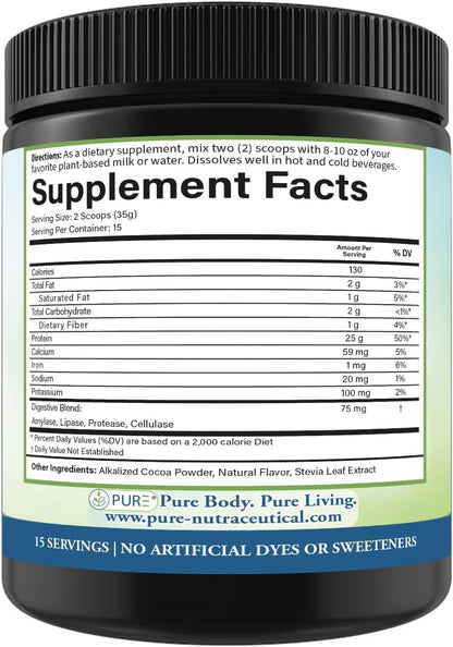 PURE® Vegan Protein Powder - 25g Plant Based Protein, 15 Servings - Pea & Mung Bean Blend with Digestive Enzymes - Dairy-Free - Muscle Recovery & Appetite Control - Chocolate 525 Grams