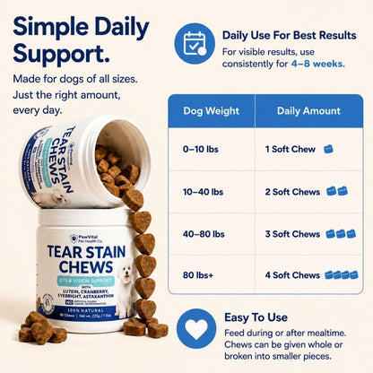 Tear Stain Chews for Dogs – Natural Tear Stain Remover & Eye Health Supplement with Cranberry, Lutein & Eyebright – Reduces Tear Stains, Supports Vision & Promotes Clear Eyes – 90 Soft Chews