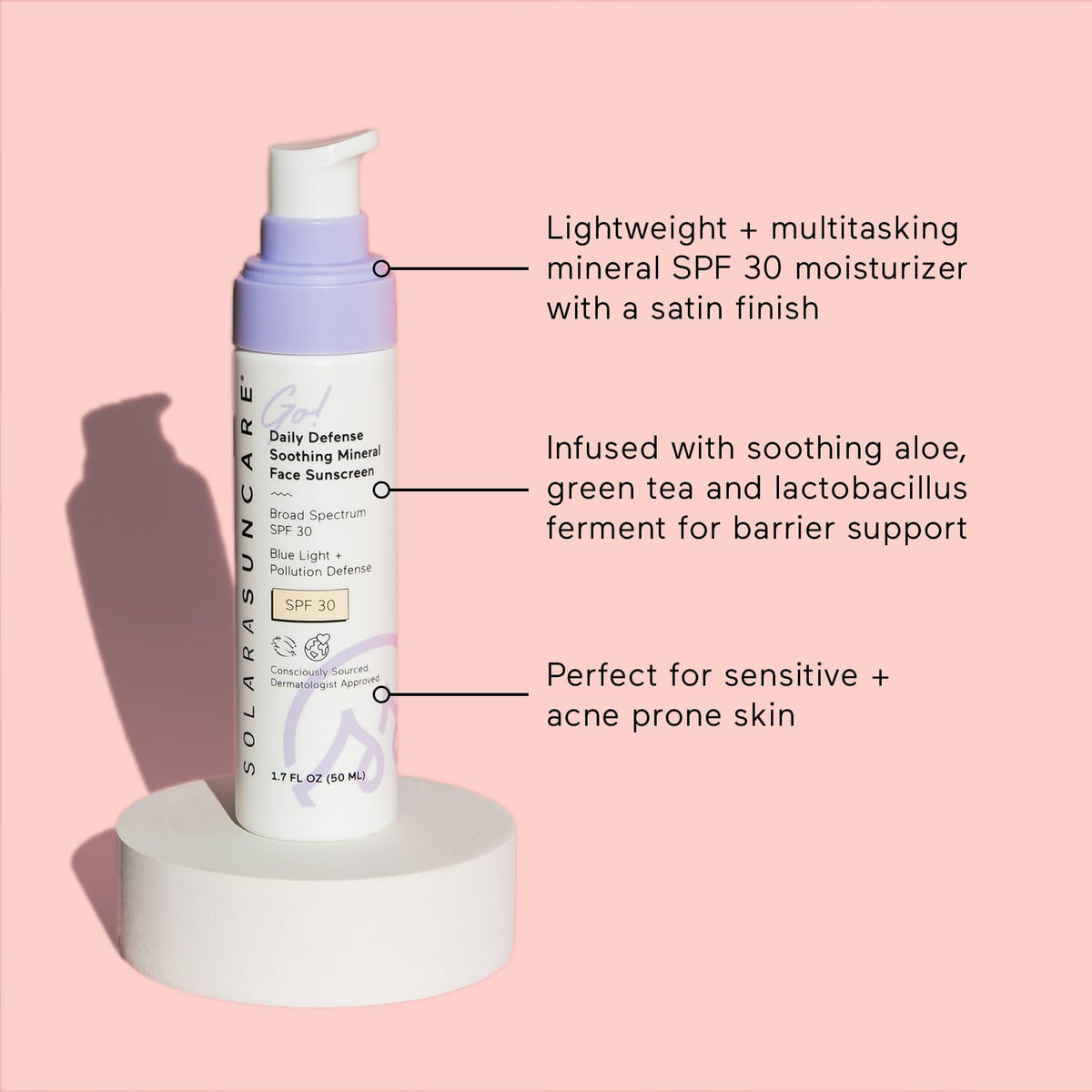 Solara Suncare - Go! Daily Defense Soothing Face Sunscreen (1.7 fl oz) | Mineral Non-Nano Zinc Oxide SPF 30 | Lightweight, Safe For Sensitive & Acne-Prone Skin | Vegan, Cruelty Free