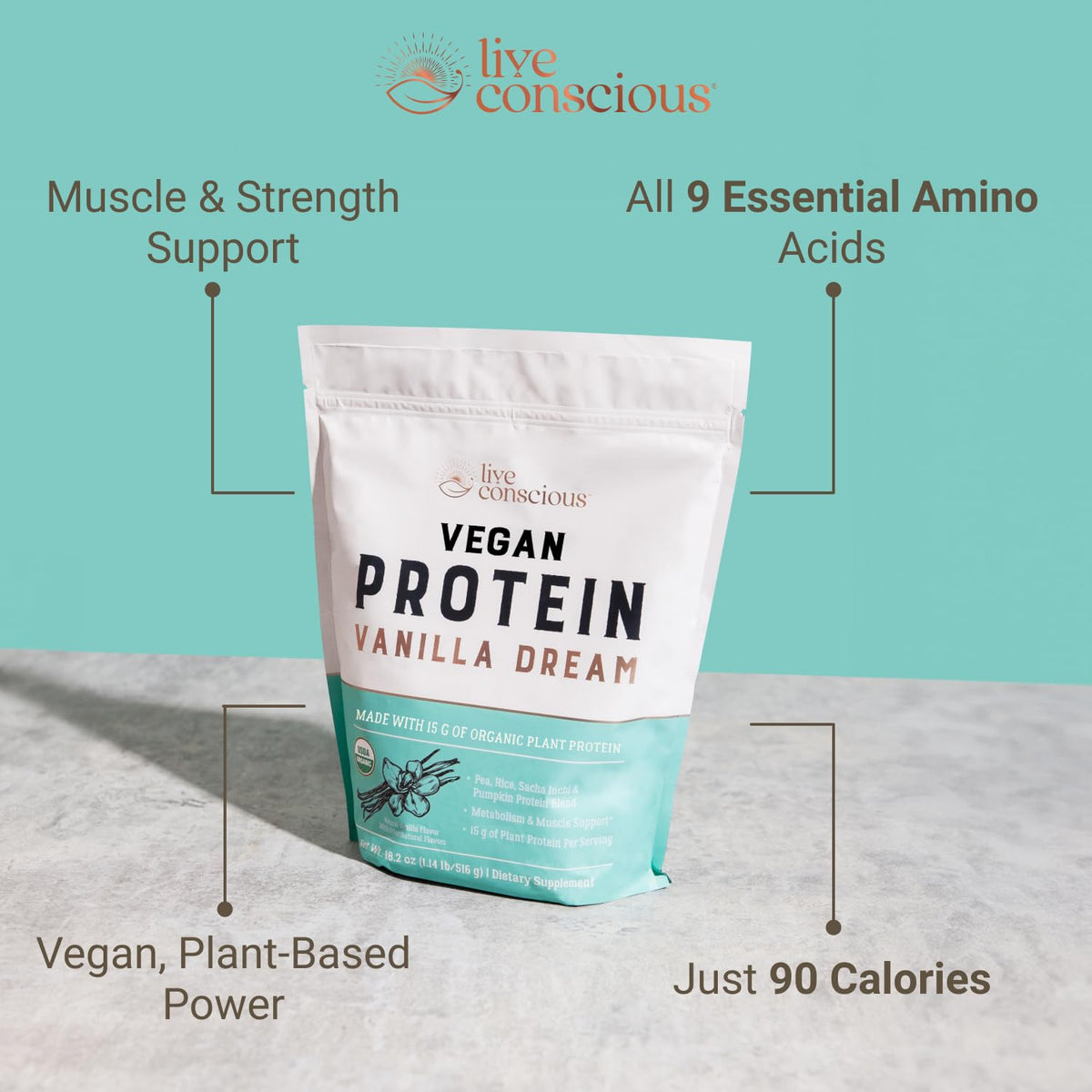 Live Conscious Cosmic Cacao - Organic Vegan Protein Powder, Chocolate Flavor, Plant-Based Blend - Pea Protein, Brown Rice, Pumpkin, Sacha Inchi - 20 Servings, 17 oz