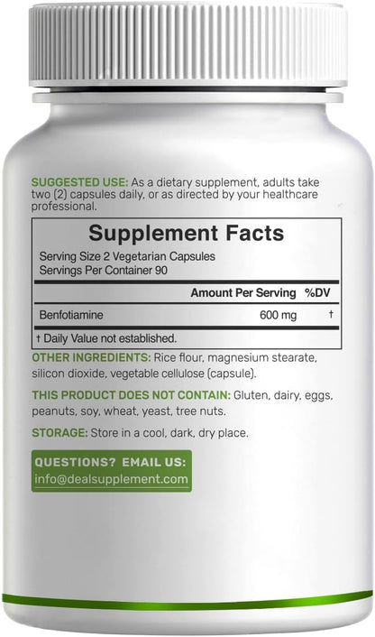 Benfotiamine 600mg Per Serving, 180 Veggie Capsules (300mg Per Cap) – Fat Soluble Vitamin B1 Thiamine Supplement – 3rd Party Tested, Vegan, Non-GMO, Gluten Free