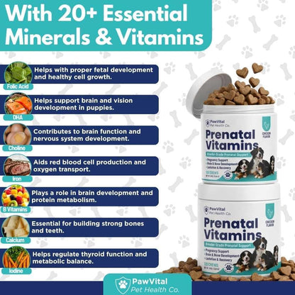 Dog Prenatal Vitamins for Pregnant & Nursing Dogs – 120 Soft Chews with Folic Acid, DHA, Choline, Iron & Calcium – Prenatal Multivitamin Supplement for Puppy Development, Pregnancy & Lactation Support