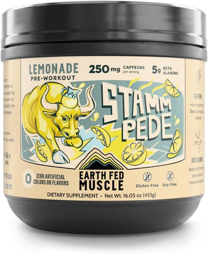 Earth Fed Muscle Stammpede Lemonade Pre Workout, Third-Party Certified. 250mg Caffeine, Lemonade - 5g Beta Alanine, Citrulline Malate, Taurine - Soy Free, Gluten Free - 16 oz, 26 Servings | Third-Party Certified, 250mg Caffeine, 5g Beta Alanine, Citrullin