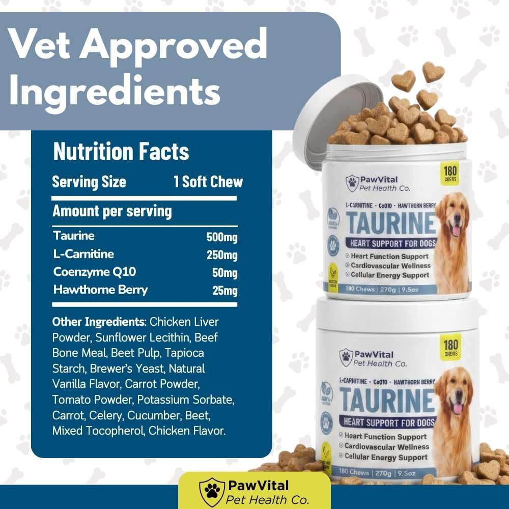 Taurine for Dogs – Heart Support Supplement with L-Carnitine, CoQ10 & Hawthorn Berry – Dog Heart Health & Cardiovascular Support Chews – Taurine Supplement for Dogs – 180 Chicken Flavor Soft Chews