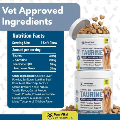 Taurine for Dogs – Heart Support Supplement with L-Carnitine, CoQ10 & Hawthorn Berry – Dog Heart Health & Cardiovascular Support Chews – Taurine Supplement for Dogs – 180 Chicken Flavor Soft Chews