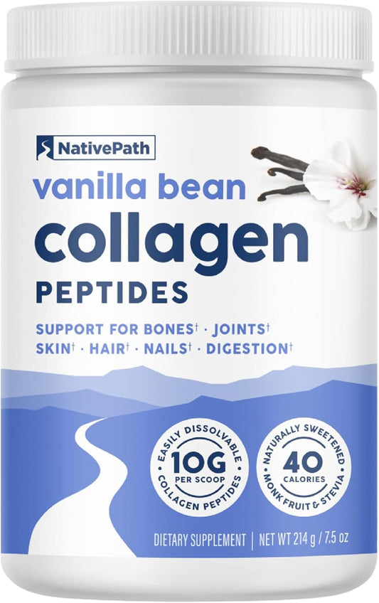 NativePath Collagen Peptides - Hydrolyzed Type 1 & 3 Collagen. Keto & Paleo Grass-Fed Protein Powder for Hair, Skin, Nails, Bones, Joints, Digestion and More - No Gluten or Dairy (Vanilla Bean, 214g) | 10g Hydrolyzed Per Scoop, Coffee, Smoothies & Baking,