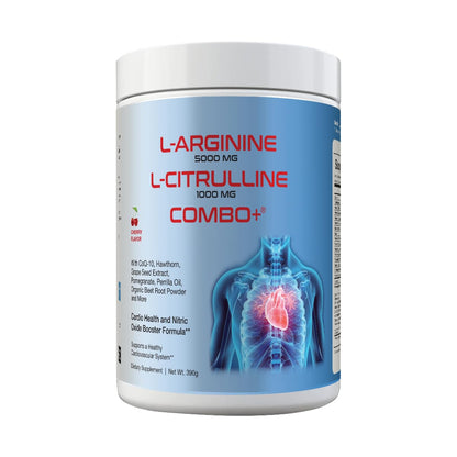 L-Arginine 5000mg & L-Citrulline 1000mg Combo+® - Mixed Berry, 30 Servings, 390g Nitric Oxide Booster Drink Mix Powder - CoQ10 & Organic Beet Root - High Potency Heart & Circulation Support USA