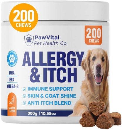 Dog Allergy Chews - 200ct Dog Allergy Relief for Itching Skin & Paw Licking - Allergy and Immune Chews for Dogs with Probiotics & Colostrum - Anti Itch Supplement for Seasonal Allergies, Salmon Flavor