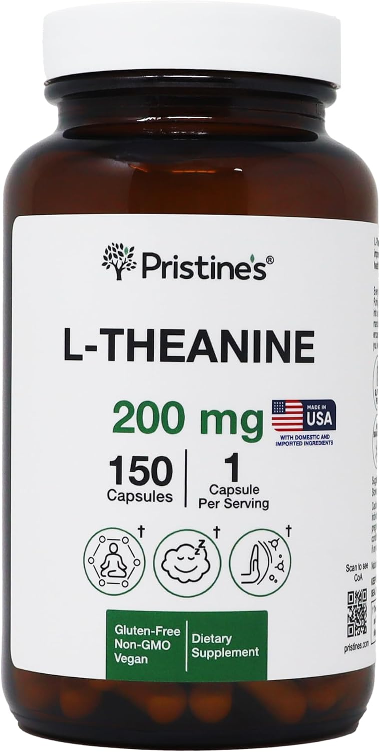 PRISTINE'S L-Theanine 200mg Capsules Sleep & Relaxation, Vegan, 150 Count | Calm focus, sleep and relaxation support without caffeine or stimulants. 150 count, vegan, non-GMO, gluten-free glass bottle
