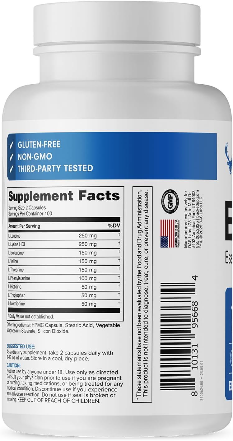 Bucked Up EAA Capsules - Essential Amino Acids Supplement | 1200mg Per Serving | On the Go | Gluten-Free, Non-GMO, Third-Party Tested | 100 Servings (200 Capsules)