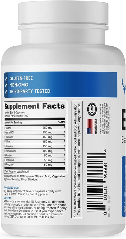 Bucked Up EAA Capsules - Essential Amino Acids Supplement | 1200mg Per Serving | On the Go | Gluten-Free, Non-GMO, Third-Party Tested | 100 Servings (200 Capsules)