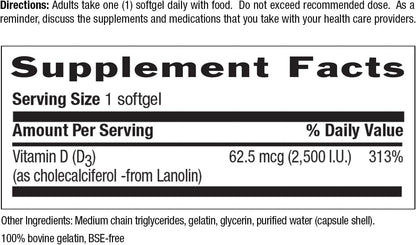 Country Life Vitamin D3 2500 IU, Non-Fish Source, 200 Softgels