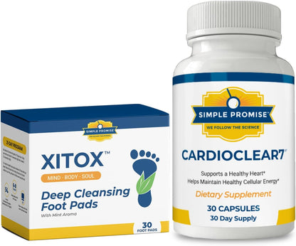 CardioClear7 and Xitox Bundle - Heart and Sleep Support - CoQ10, Foot Pads | Heart-Energy Foot-Care Pair, For Restful Nights, With Shilajit and Bamboo Vinegar, One Capsule, Pads Overnight, 30 Days