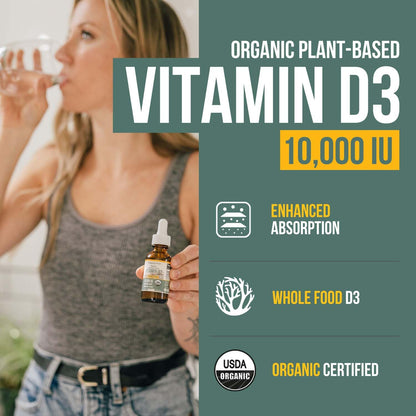 Organic Vitamin D3 10,000 IU - Plant D3, Vegan, Max Strength Sublingual Liquid D3 Drops - 200% Higher Absorption, 100% Plant-Based Cholecalciferol Form & Vegan D3, Adjustable Dosing (30 Servings)