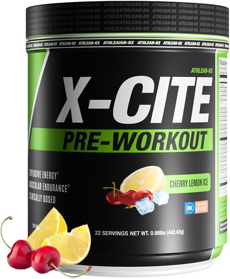 X-CITE Pre-Workout by ATHLEAN-X - Enhanced Formula with Beta-Alanine, Creatine & Caffeine for Ultimate Energy, Endurance, Focus & Muscle Pump, NSF Certified for Sports (Cherry Lemon Ice)