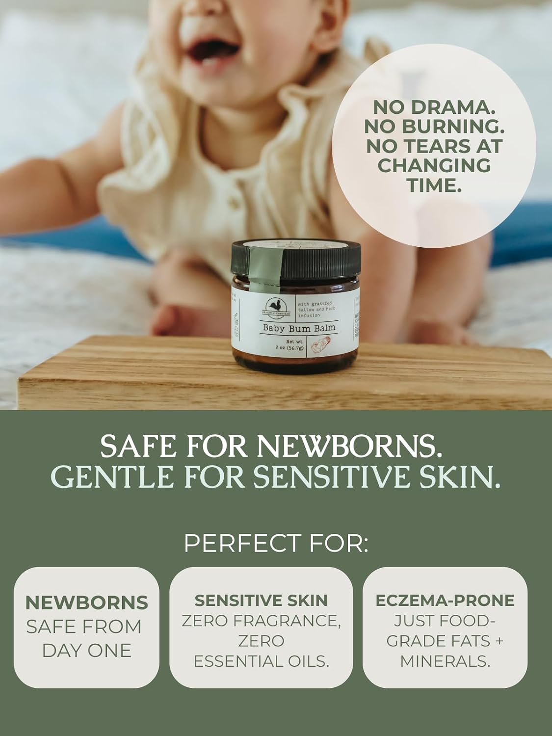 Hearth & Homestead Baby Bum Balm, Grass Fed Tallow Diaper Rash Cream with Zinc Oxide & Bentonite Clay, Fragrance Free Diaper Cream for Sensitive Baby Skin, Newborn Safe, 2oz