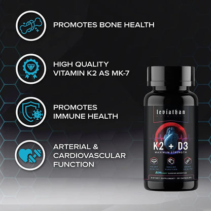 Leviathan Nutrition Vitamin D3 K2 2 in 1 Formula | 360mcg Vitamin K2 (MK7) + Vitamin D3 5000 IU Vegan Organic Extra Strength Vitamin Supplements - Support Heart, Teeth, Joint, and Bone Health