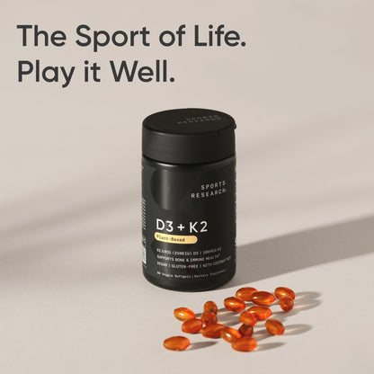 Sports Research® Vitamin D3 + K2 w/Coconut Oil - Vegan Vitamin D 2500iu (62.5mcg) & Mk7 Vitamin K 100mcg for Bone & Immune Support - Vegan Certified · Non-GMO · Soy Free - 60 Softgels